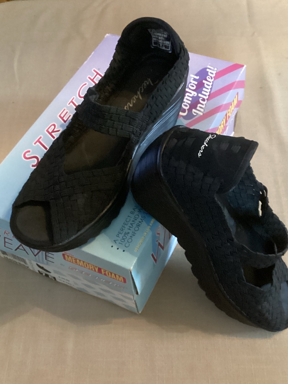 Skechers Black Woven Peep-Toe Slip-On Wedges
